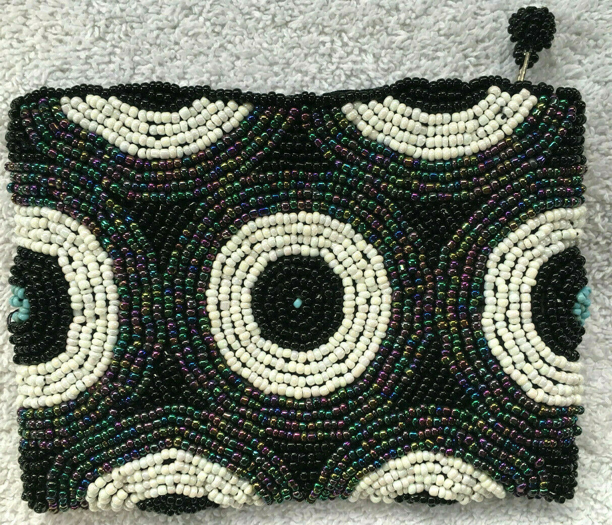 Beaded Coin Purse Circles Zip Close Black White Multi 3.75" X 5.25" - Lovely!