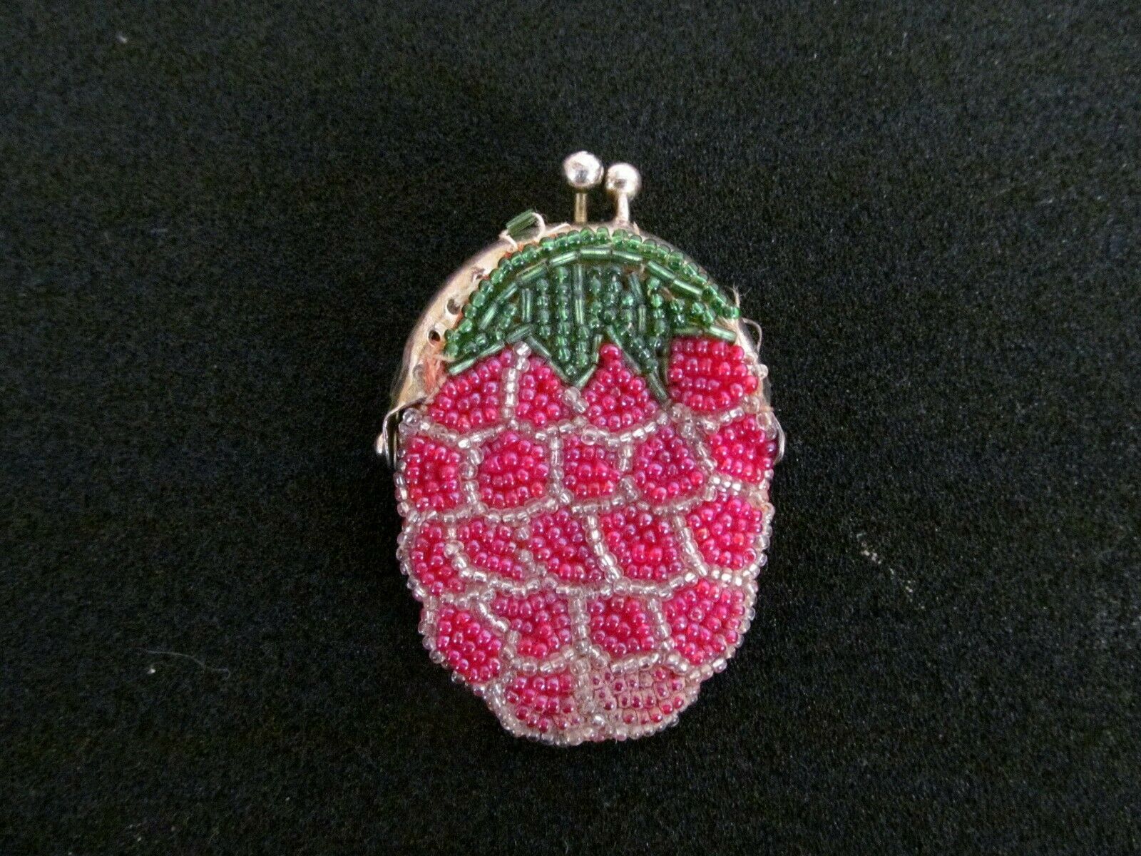 Antique Korean Hand Made Micro Seed Bead Coin Purse Raspberry With Silk Lining