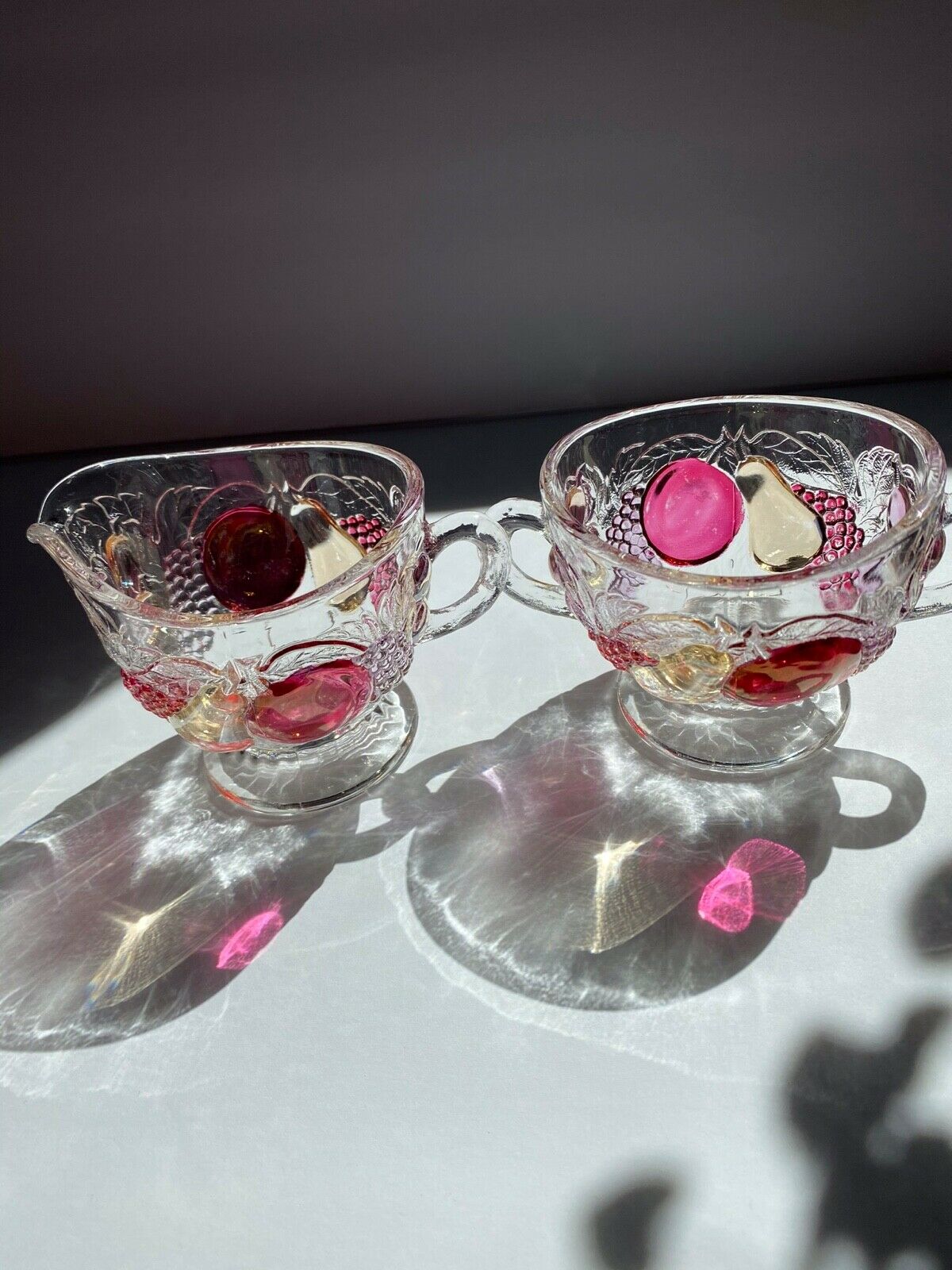 Westmoreland Della Robbia Fruit Glass Open Creamer & Sugar Set, Ca. 1928-1940