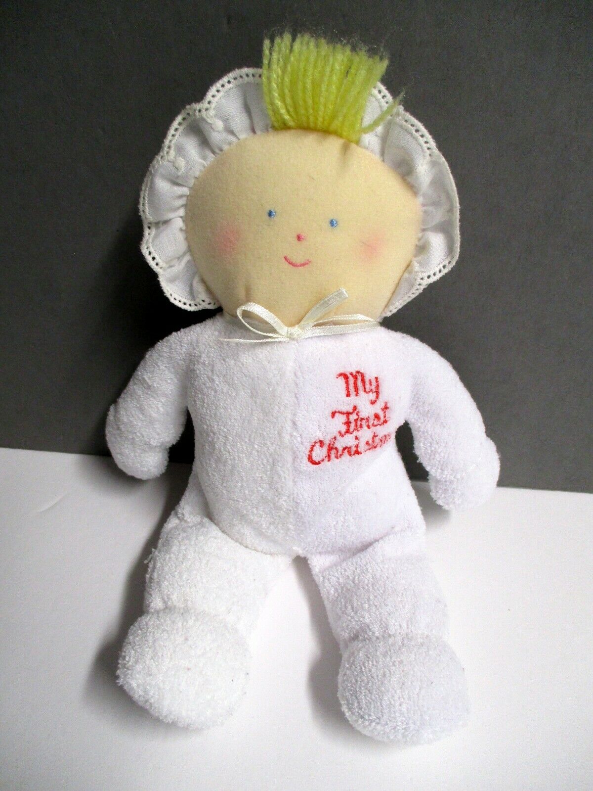 Vtg Eden My First Christmas 10" White Terry Plush Doll W' Red Heart Flowers *htf