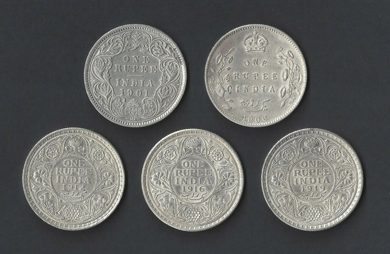 Lot Of 5 Different .917 Silver India One Rupee, 1901 - 1919