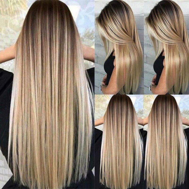 Women's Blonde Wig Ombre Long Brown Gold Straight Black Synthetic Hair Wigs-