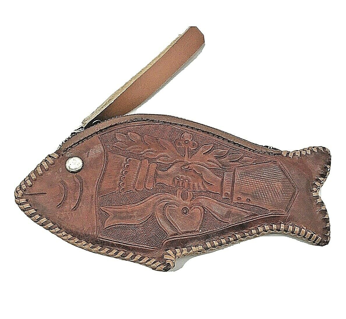 Hand Tooled Brown Leather Fish Shaped Coin Purse Change Pouch Western Vintage