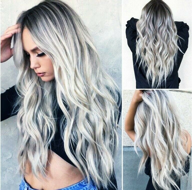 Ash Gray Silver White Ombre Lace Long Wavy Curly Blonde Wig Women Synthetic Hair