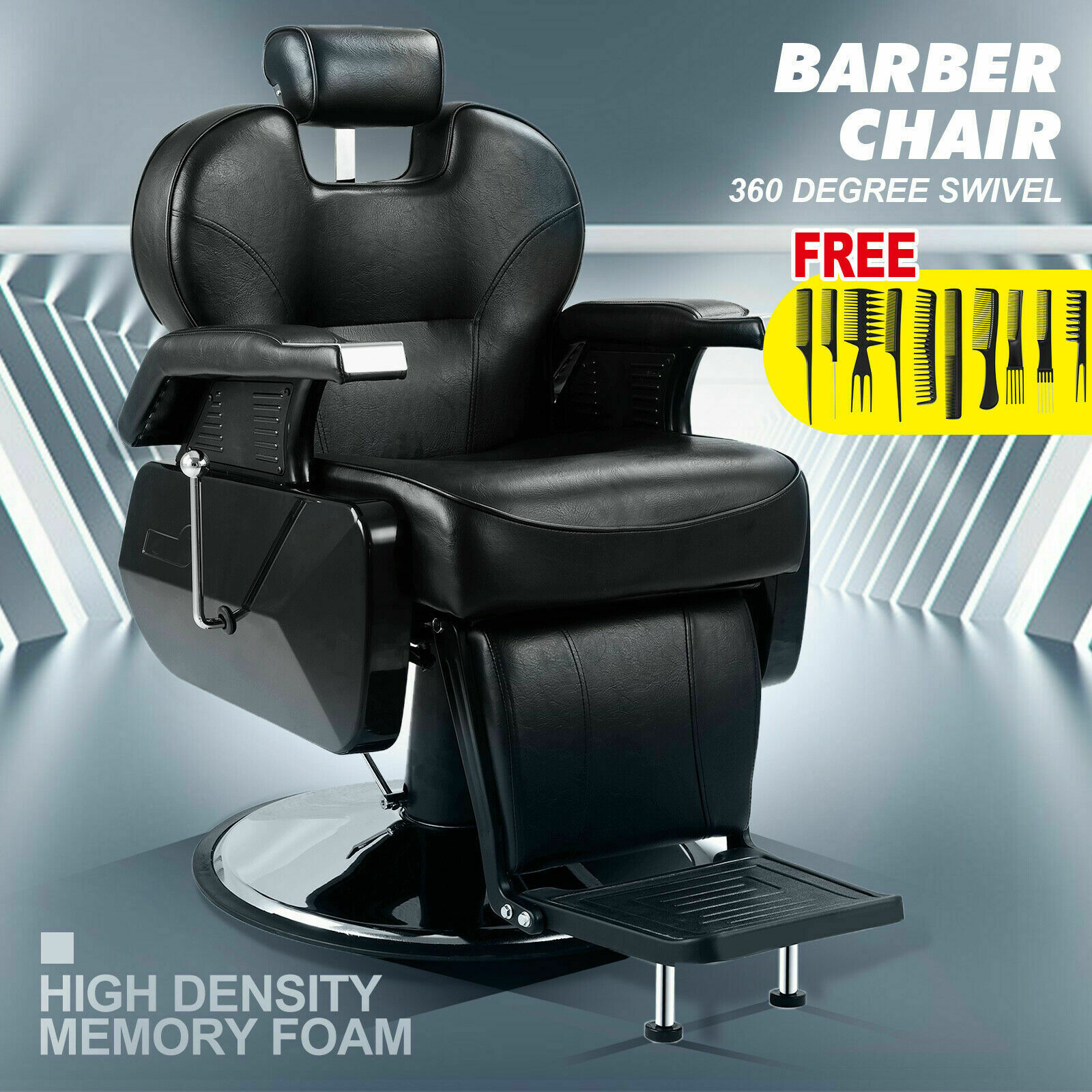 Heavy Duty Hydraulic Recline Barber Chair Swivel Salon Beauty With 10 Combs Set