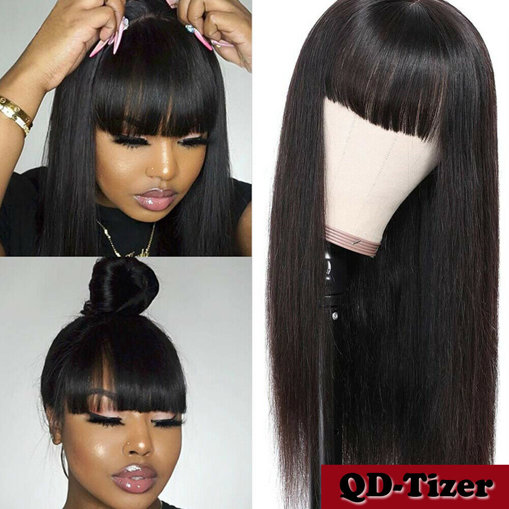 Synthetic Hair Wigs Full Neat Bangs No Lace Wig Heat Resistant Fiber Long Black