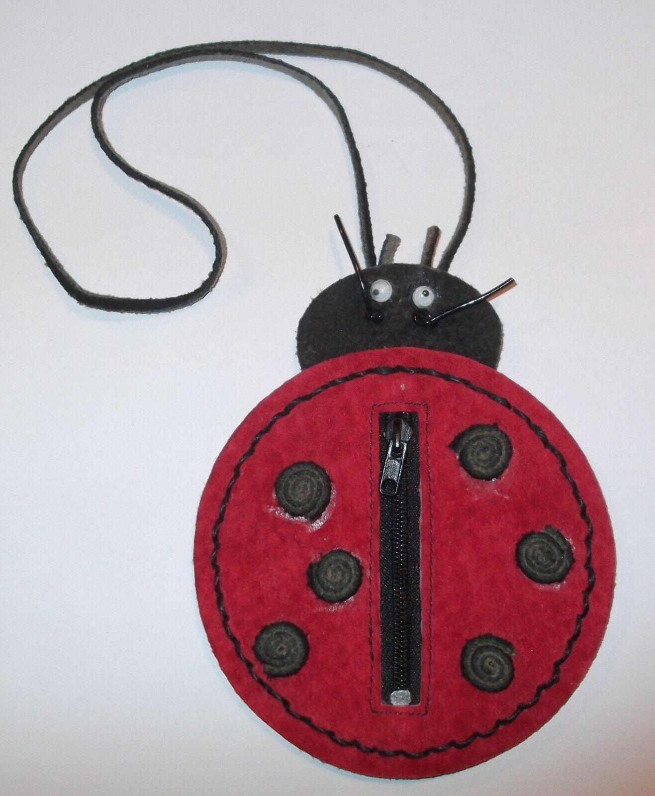 Vtg Retro Red Suede Leather Lady Bug Coin Purse W/ Beady Eyes & Strap Zips 5" H