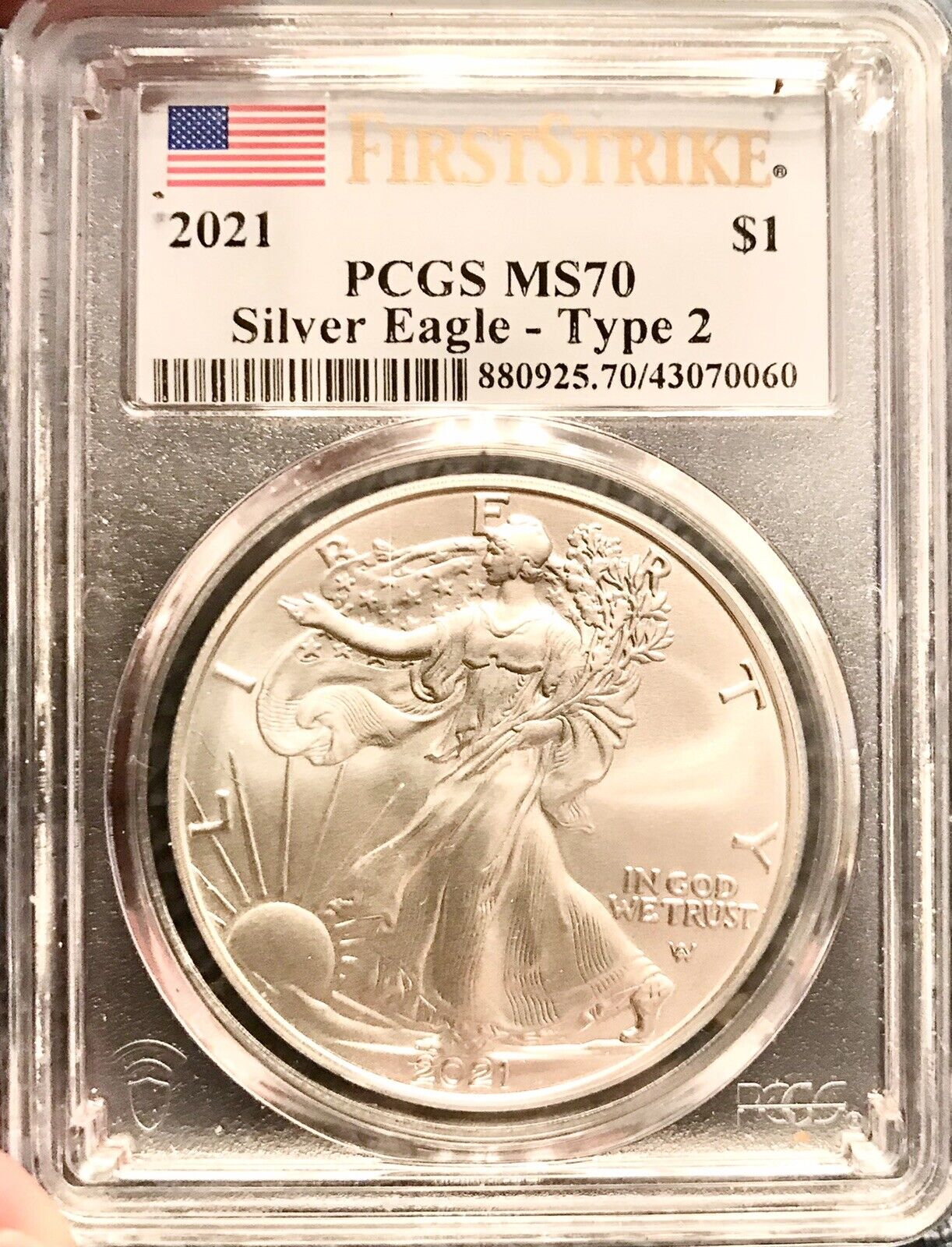 Flawless First Strike 2021 Us Silver Eagle Type 2 Pcgs Ms 70 Flag Label 1 Ty Oz!