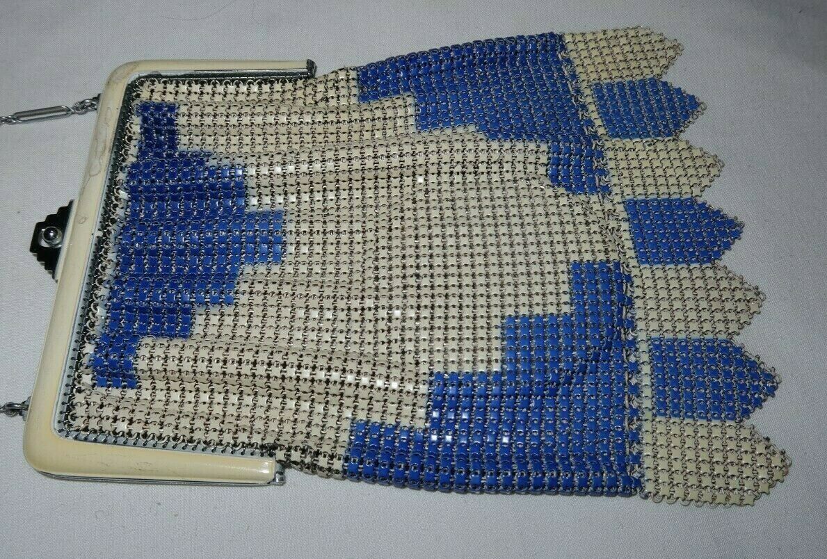 Rare Vintage Antique Blue & White Mesh Purse Evening Hand Bag Celluloid Top Rare