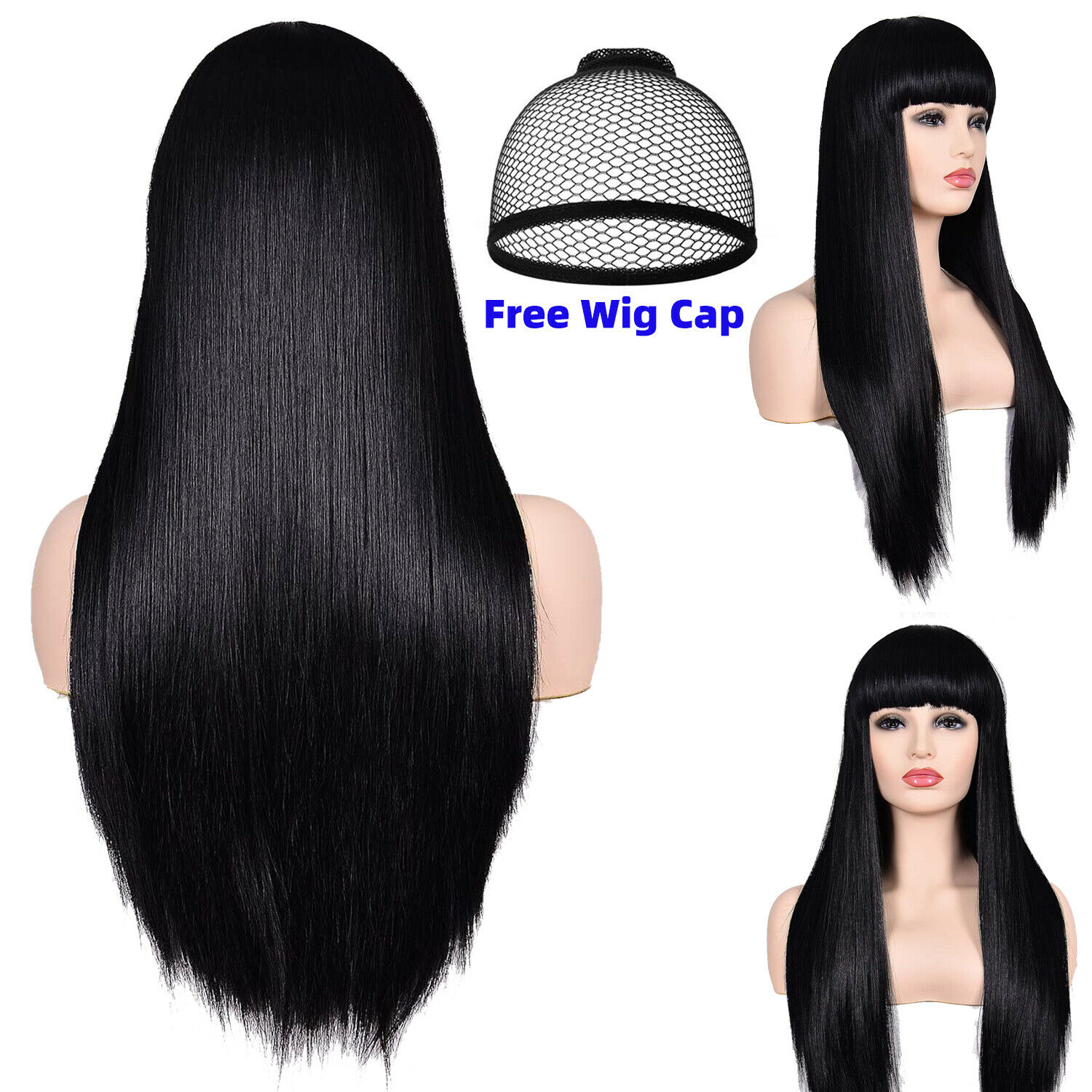 Synthetic Women Hair Wig Full Neat Bang Heat Resistant Fiber Long Black Wigs Cap