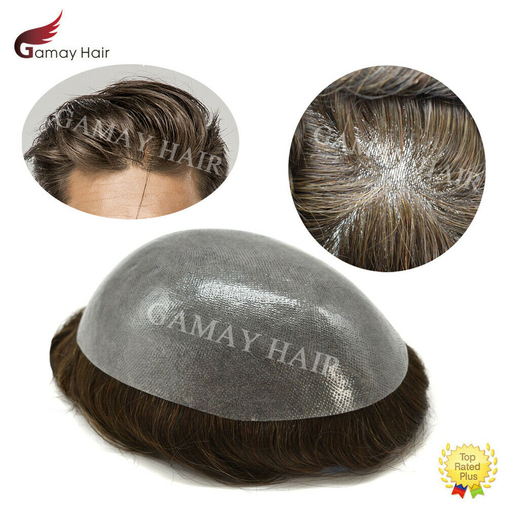 Full Poly Mens Toupee All Skin Pu Hair Replacement System For Men Hand Tied Wig