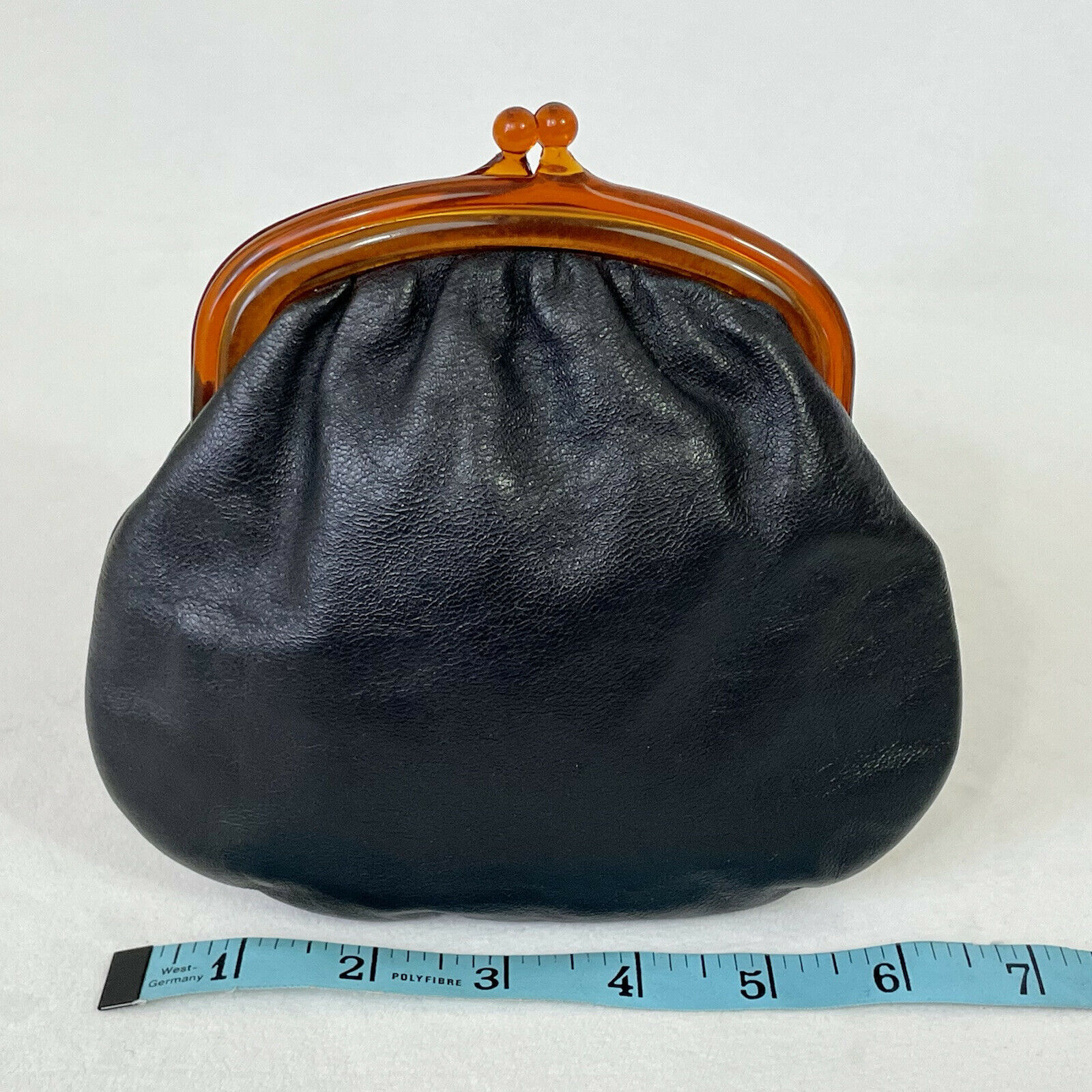 Vintage Black Leather Kiss Lock Coin Purse W/ Amber Lucite ~ 6.5” Made In Italy
