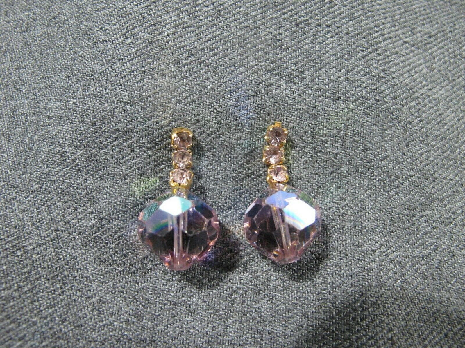 2 Vintage Faceted Lilac Crystals Dangles Rhinestones Goldtone Metal Appliques